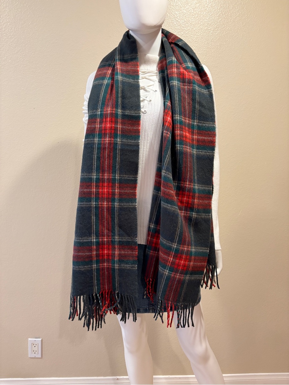 Blanket Scarf Shawl Forest Green Red Plaid Tartan Soft Cozy Cashmere Feel Fringe
